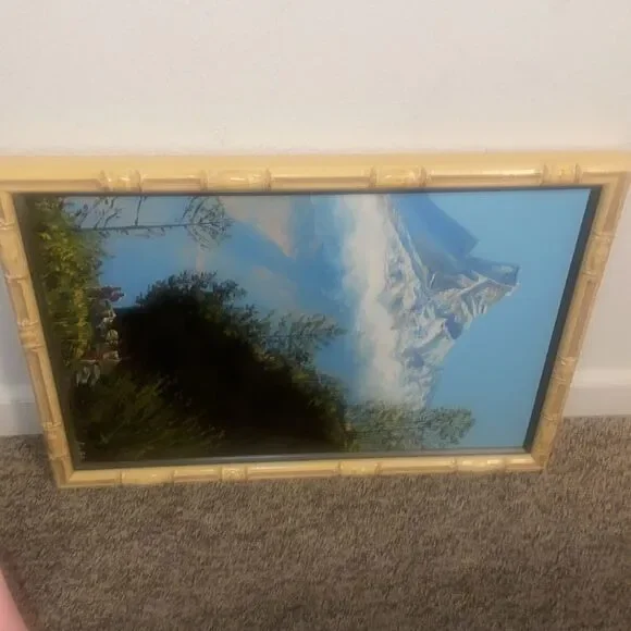 Mountain Landscape Painting with Bamboo Frame Size Approximately 17X26” - Picture 3 of 12